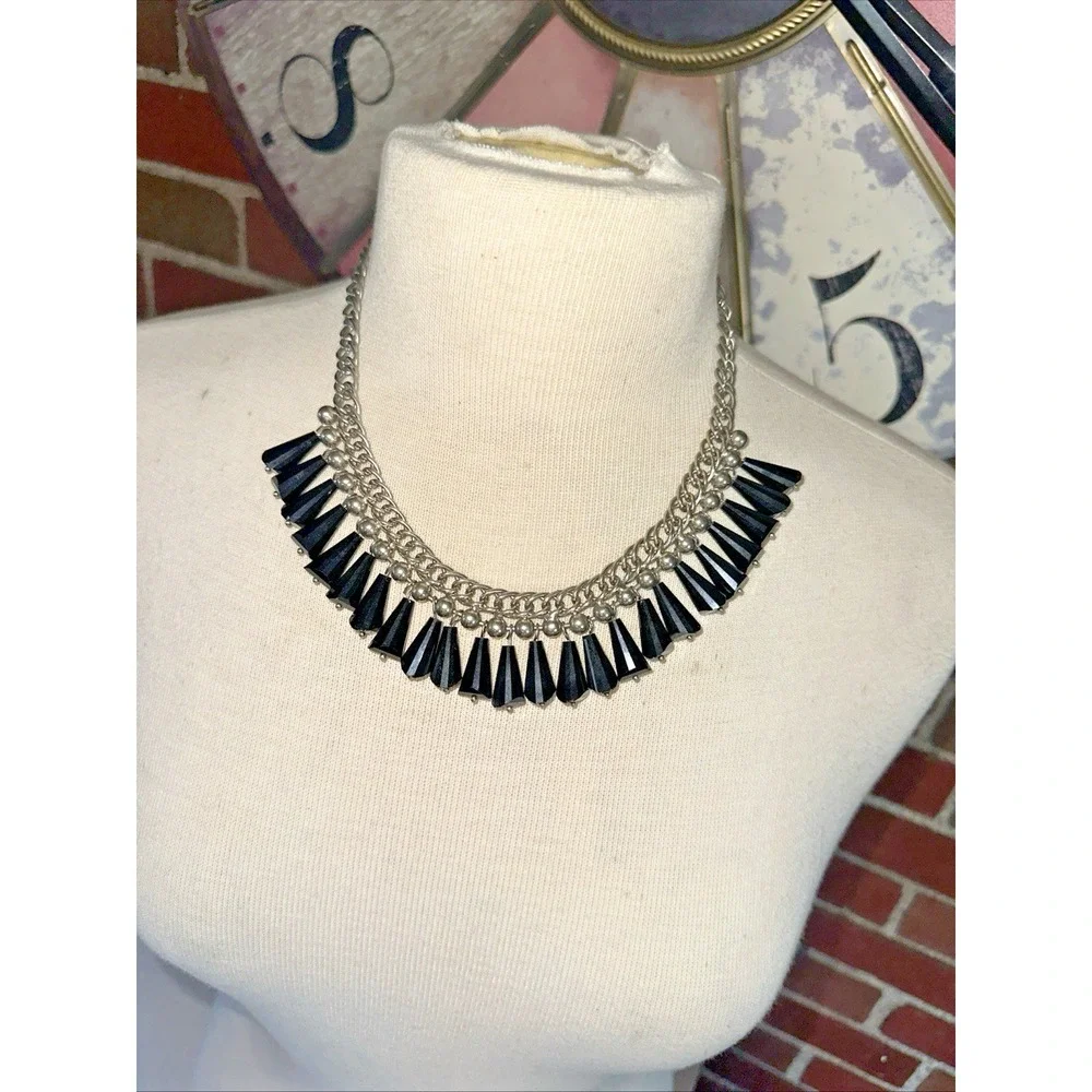Cookie Lee Bib Necklace Women OS Black Silver Excellent Statement Fringe Goth